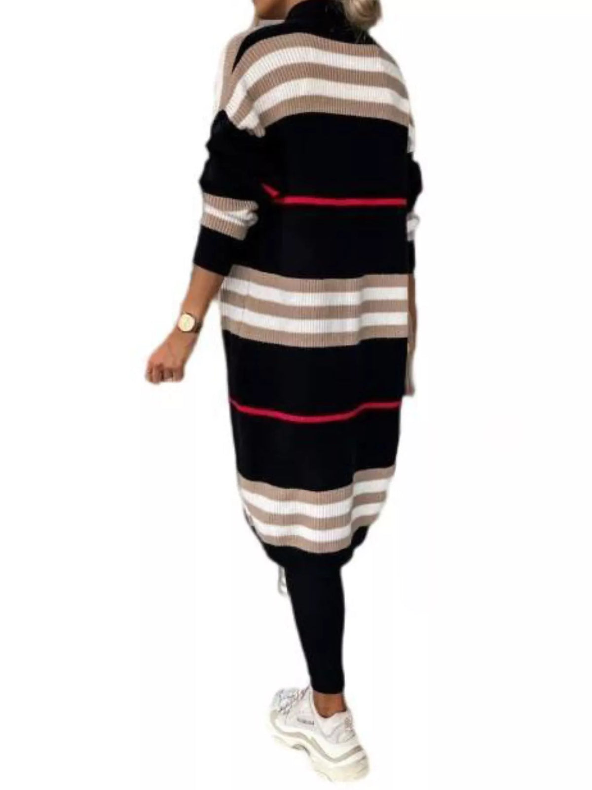 Black longline open-front cardigan with beige-and-white striped design and thin red line