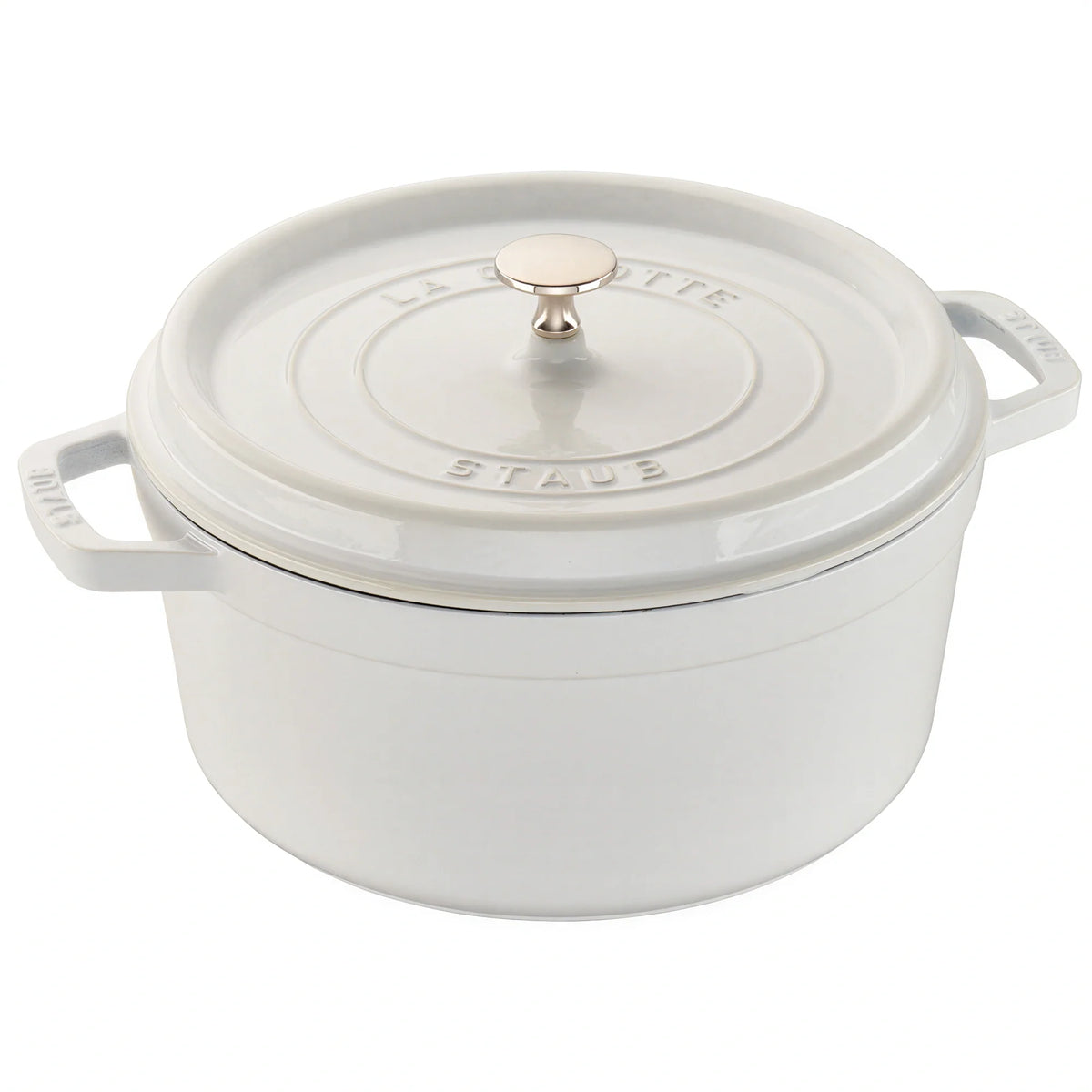 Staub® white enameled cast iron Dutch oven with lid and side handles