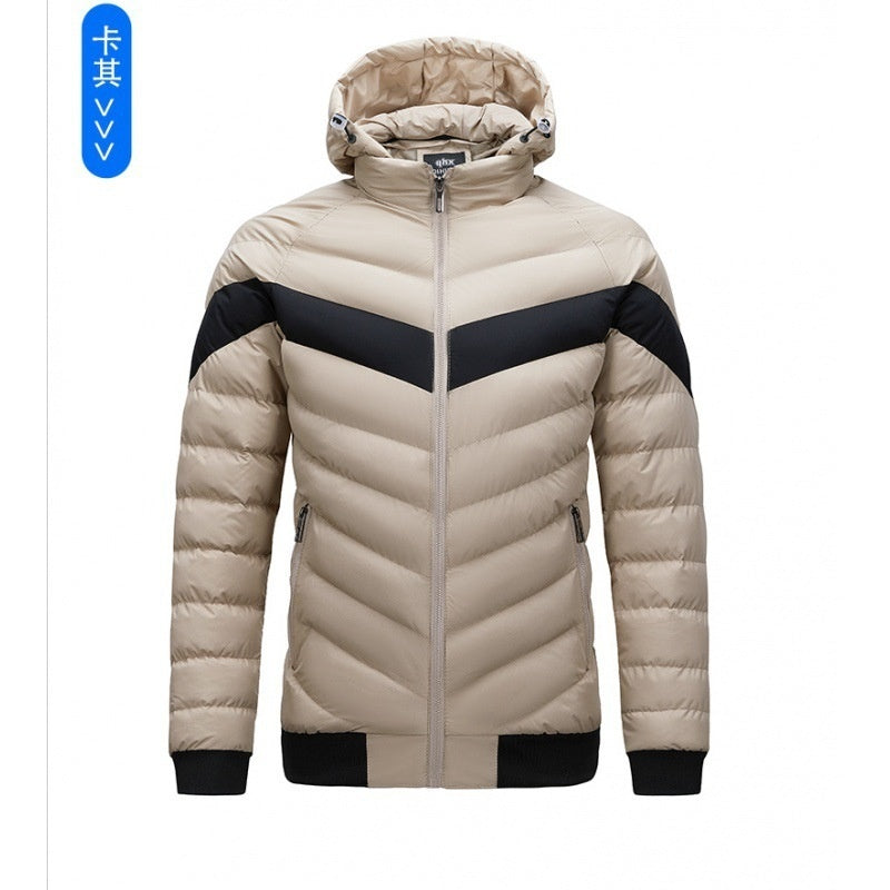 Men's hooded puffer coat, beige with black color-blocking