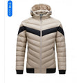 Men's hooded puffer coat, beige with black color-blocking