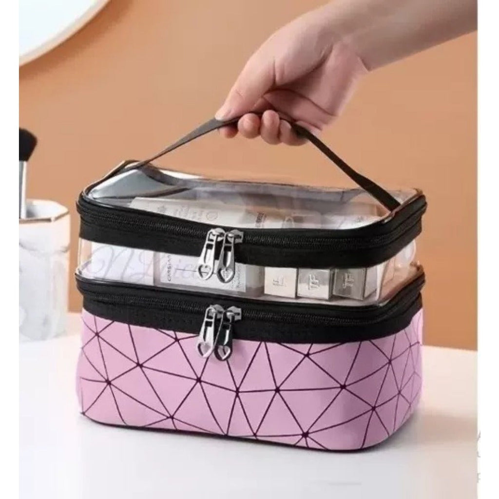 Double cosmetic bag with clear top, black zipper and purple geometric pattern