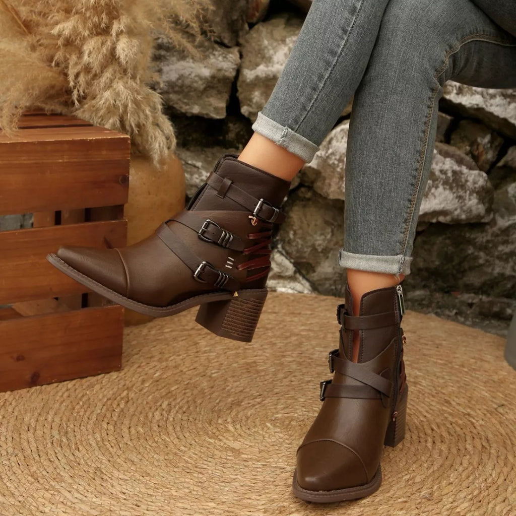 Dark brown point-toe ankle boots with buckle straps and block heels