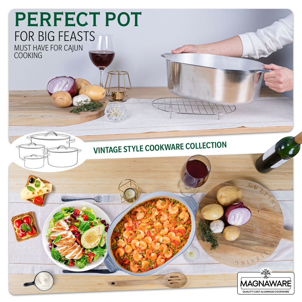 Stainless oval Dutch oven with lid held above countertop