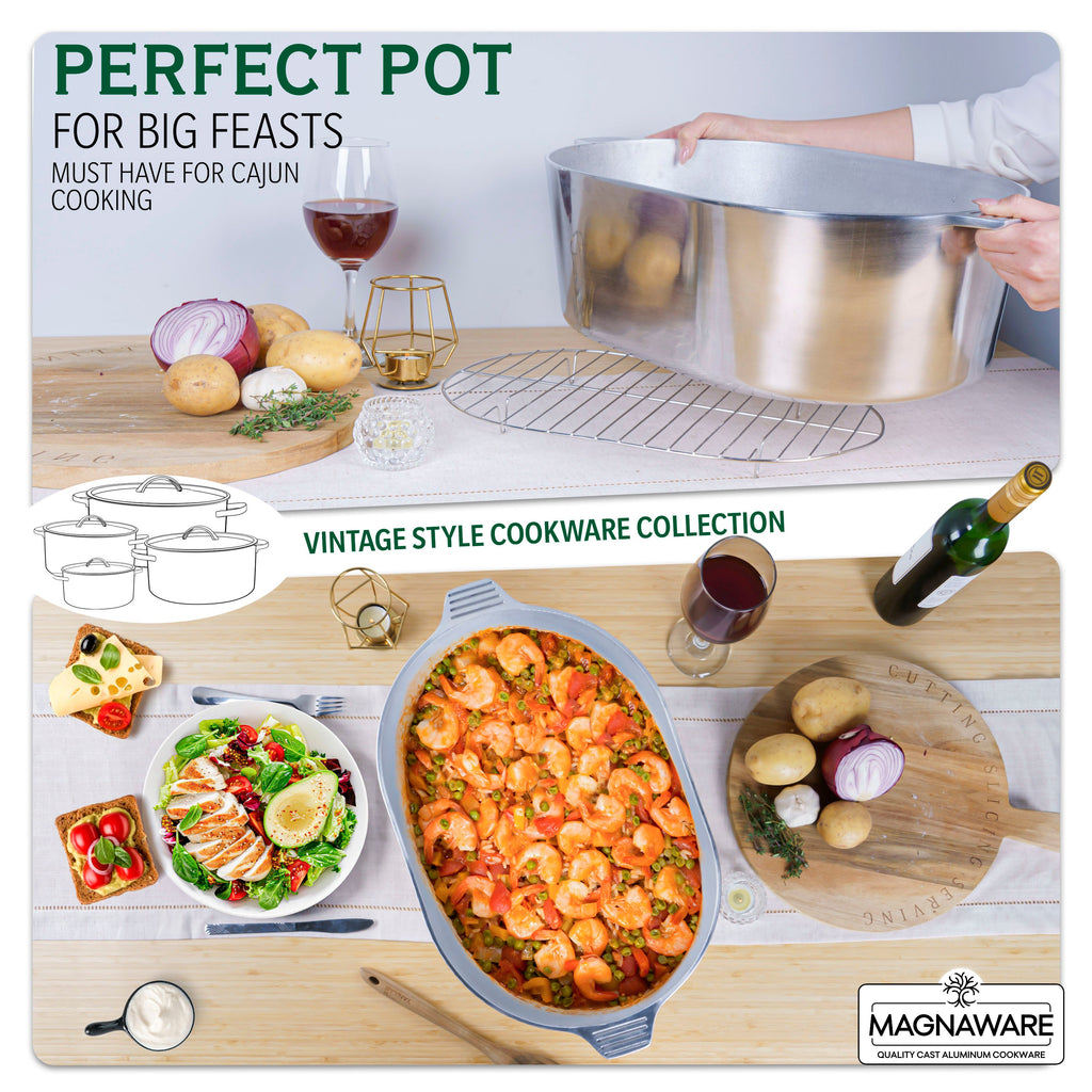 Stainless steel oval dutch oven with lid, open with prepared ingredients inside