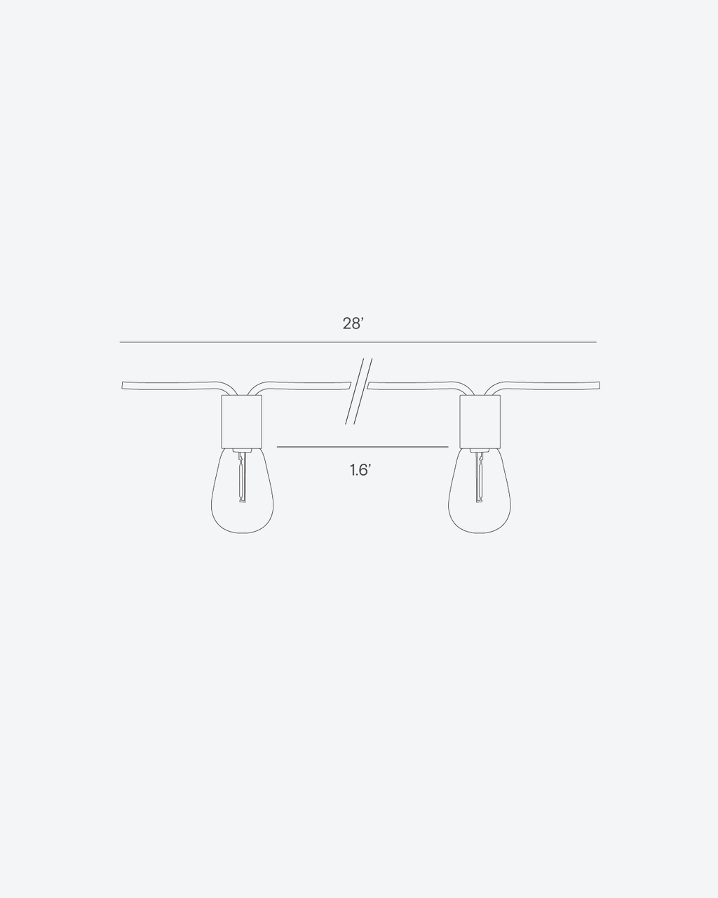Solar string light layout diagram with 28 ft length and 1.6 ft spacing