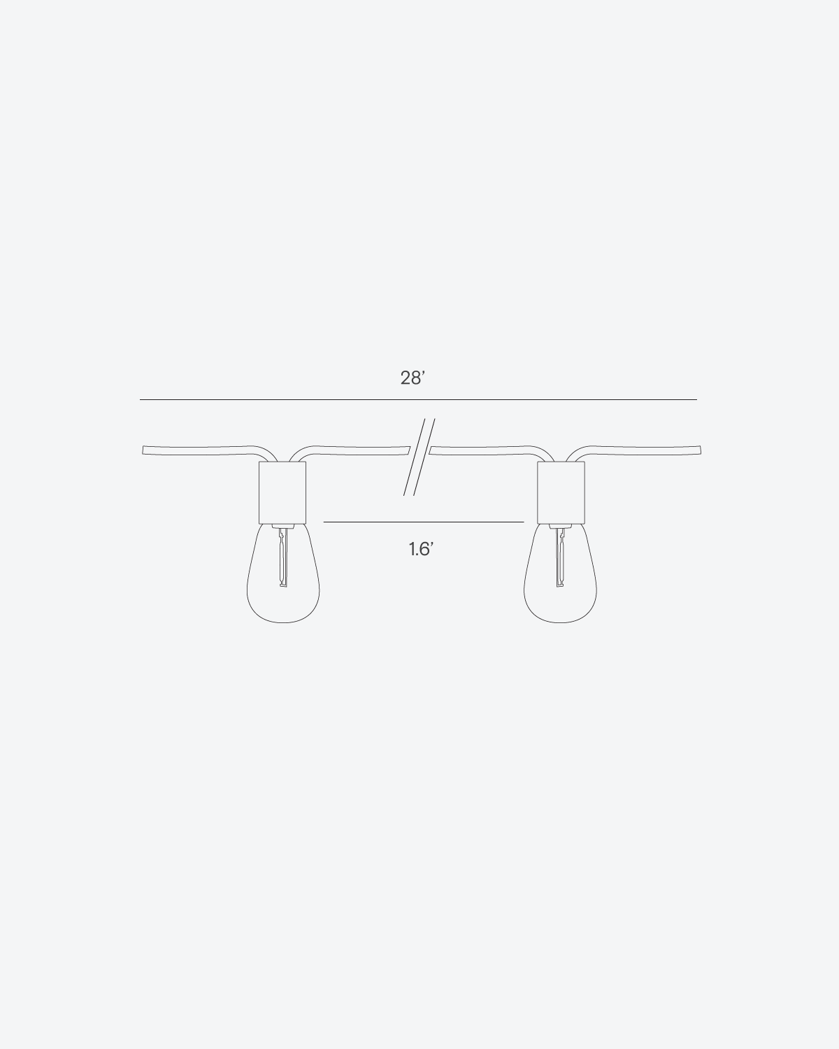 Solar string light layout diagram with 28 ft length and 1.6 ft spacing
