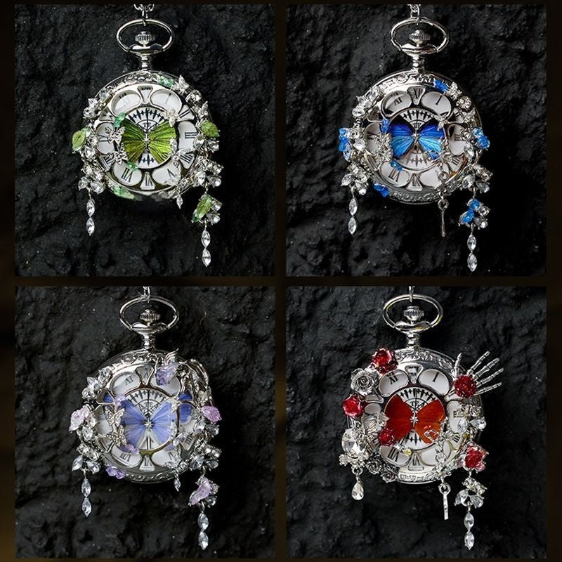 Butterfly pocket watch pendant necklace set showing blue, green, purple, and red designs