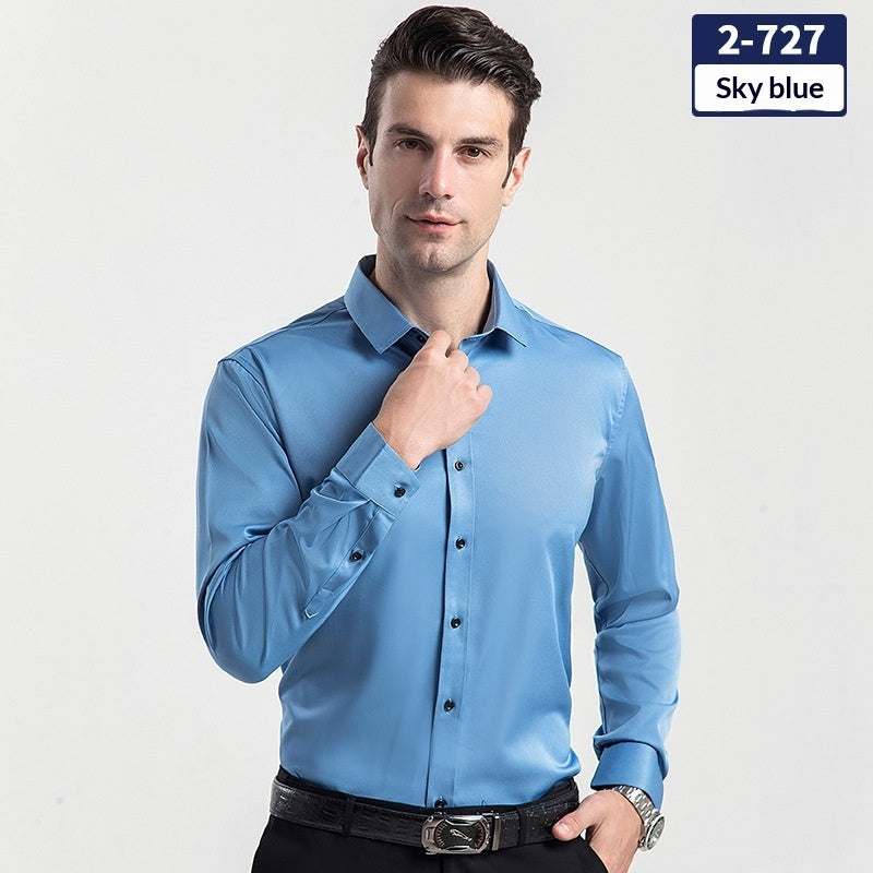 Men's solid sky blue long-sleeve button-up shirt, collared with buttoned front