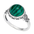 Sterling silver malachite ring with oval green cabochon and ornate scrollwork band