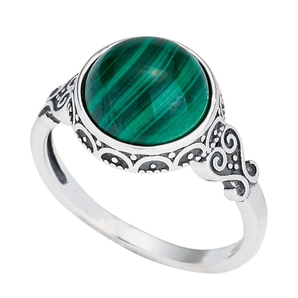 Sterling silver malachite ring with oval green cabochon and ornate scrollwork band