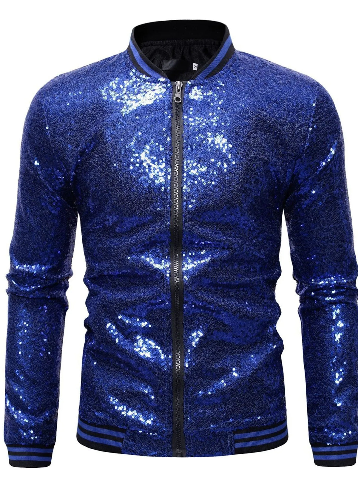 Royal blue sequin zip-up jacket with front zipper and ribbed dark trim cuffs