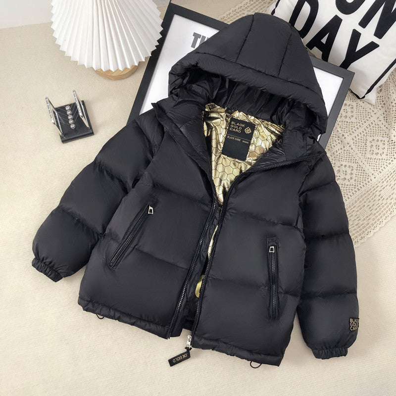 Kids' black puffer jacket with hood and gold-pattern inner lining through open zipper