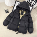 Kids' black puffer jacket with hood and gold-pattern inner lining through open zipper