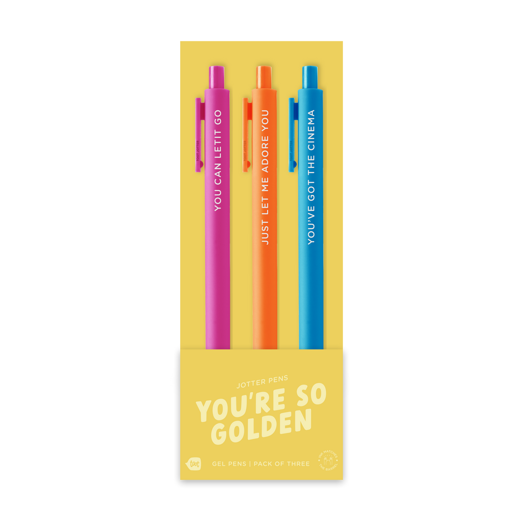 3-pack gel pen set: pink, orange, and blue pens with “YOU’RE SO GOLDEN” packaging text.