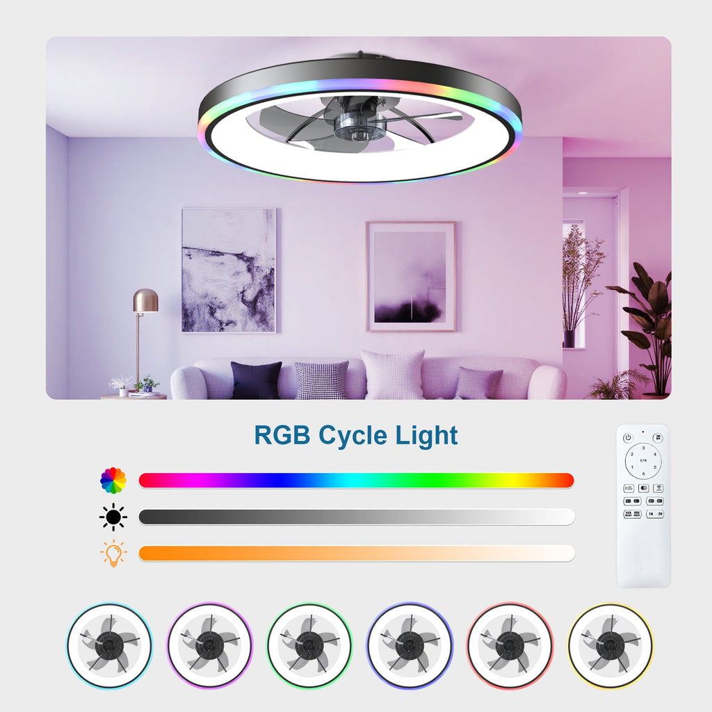 Black ceiling fan with LED ring, remote control, and selectable RGB light colors