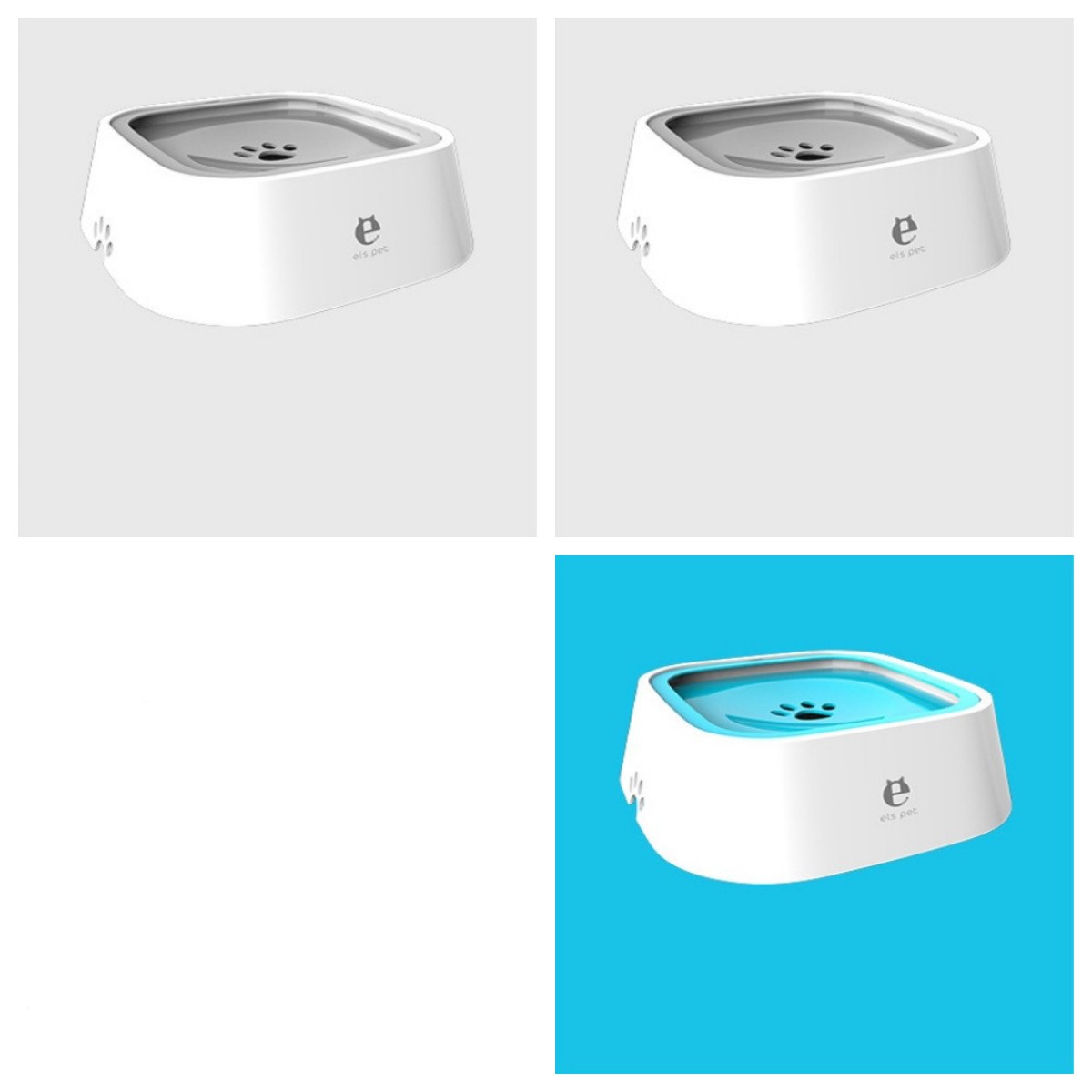 White pet water bowl shown from multiple angles with a blue-tinted inner tray