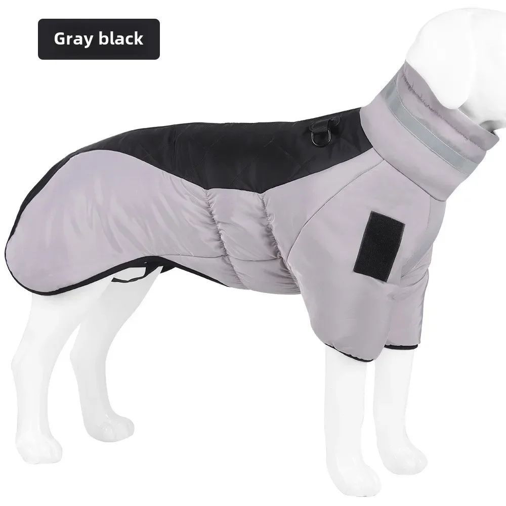 Gray and black dog winter jacket with gray collar and chest patch