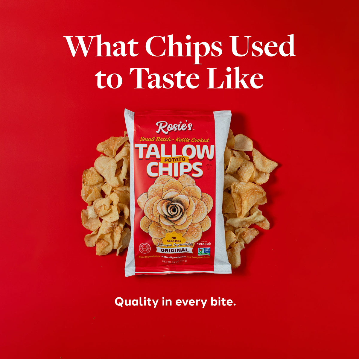 Tallow potato chips bag with potato chips scattered around it