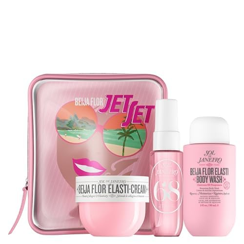 Travel body care set with pink body wash, cream, and mini bottles in a zip pouch