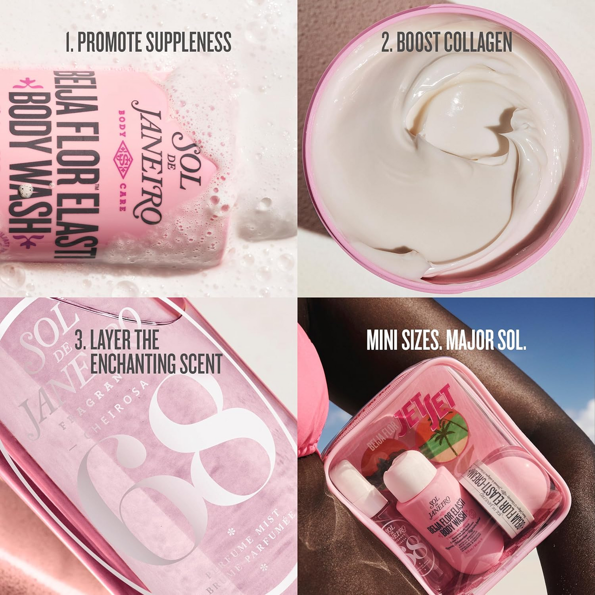 Travel body care set promo collage with cream swirl and mini bottle lineup