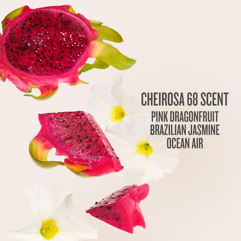 Cheirosa 68 scent graphic with pink dragon fruit and white flowers