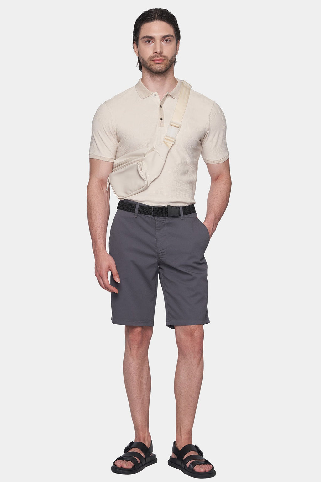 Men's dark grey summer shorts with belt loops and black waistband