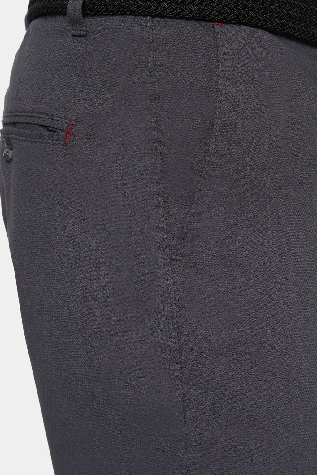 Dark grey shorts fabric with side seam detail and stitched pocket openings