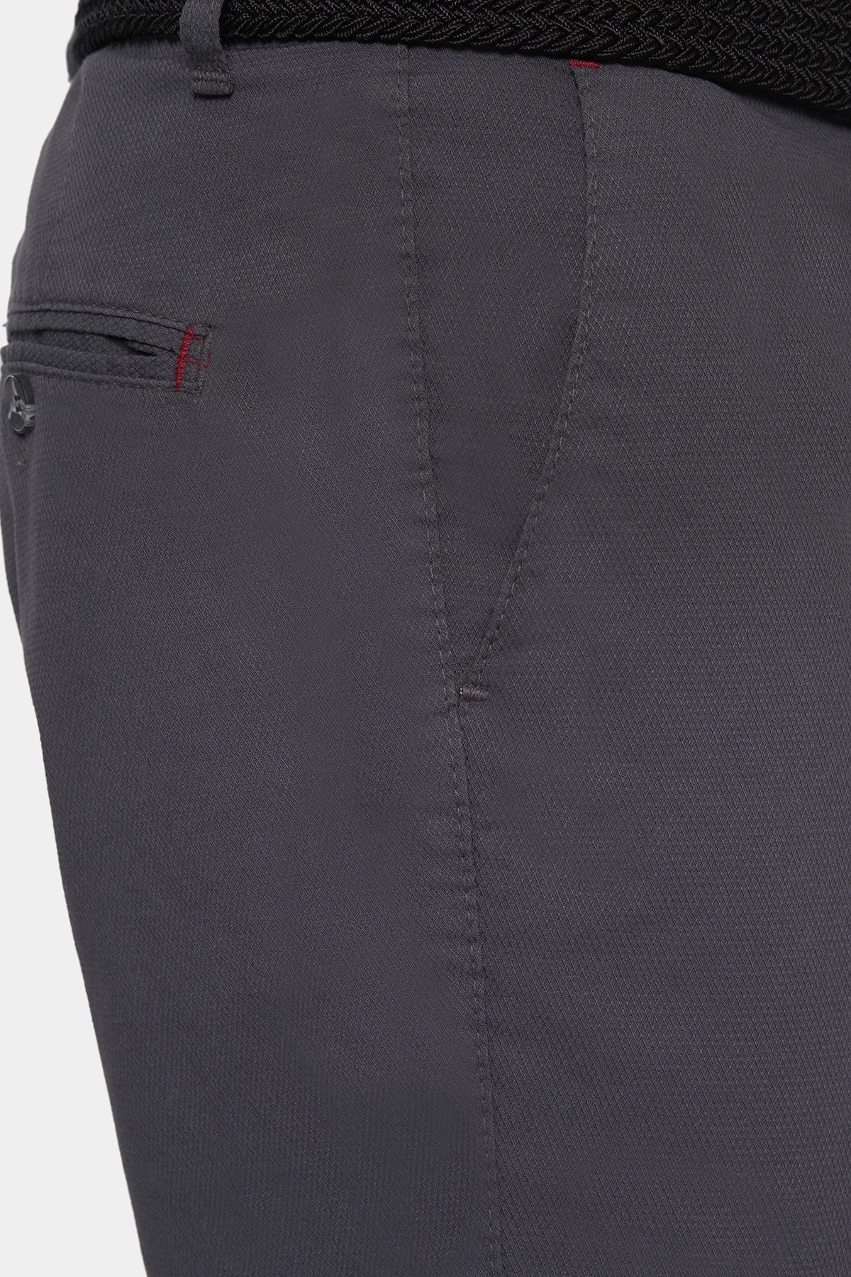 Dark grey shorts fabric with side seam detail and stitched pocket openings