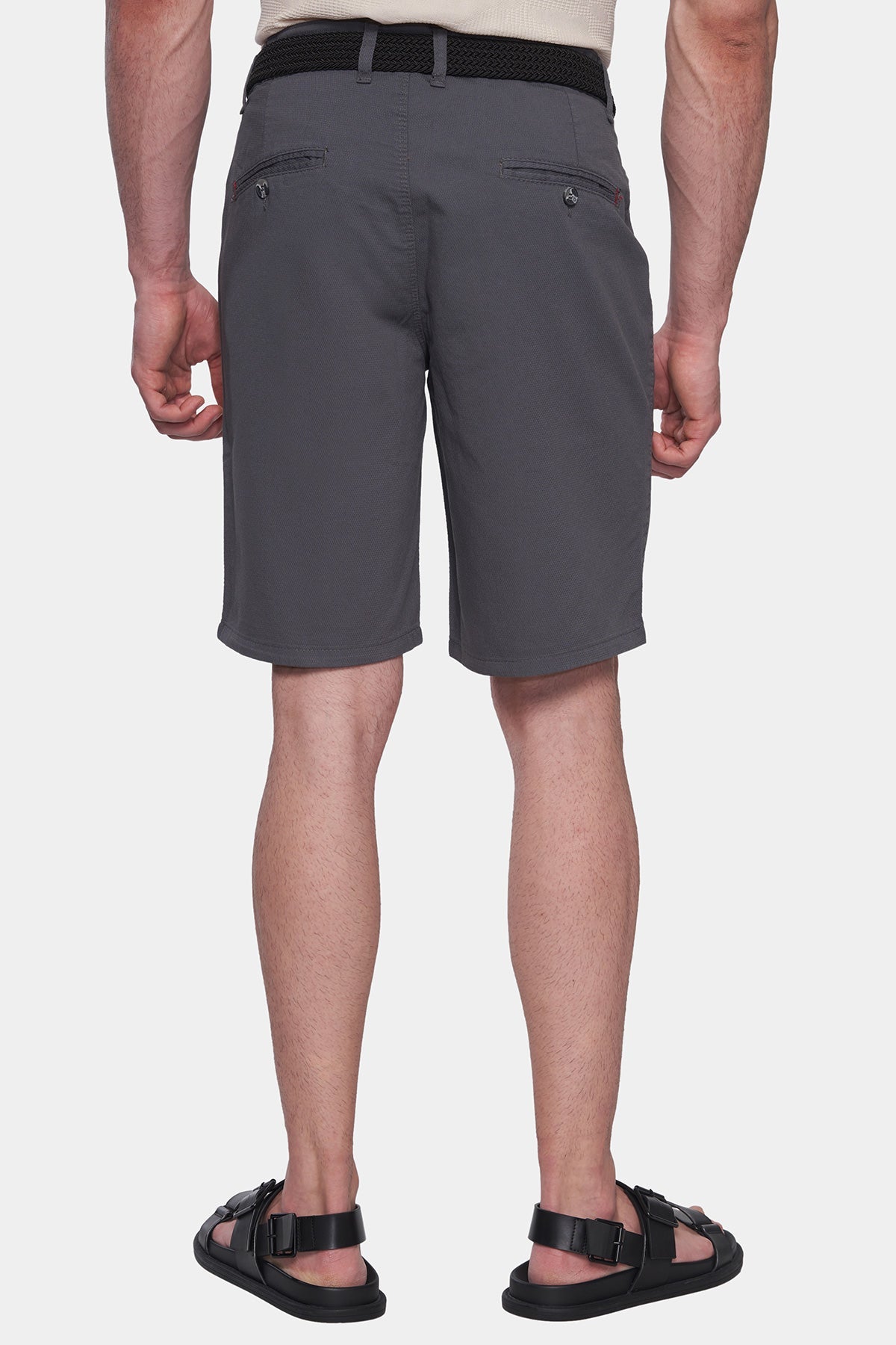 Men's dark grey shorts with back darts and rear pocket openings