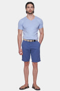 Men's blue summer shorts with belt loops, zip fly, and side pockets.