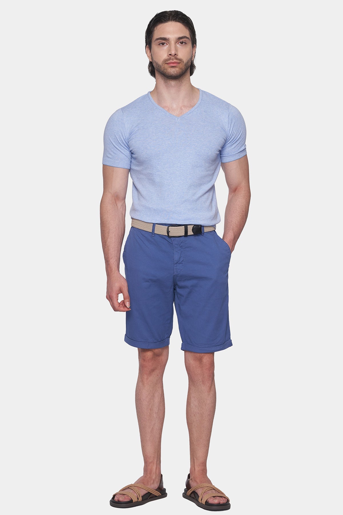 Men's blue summer shorts with belt loops, zip fly, and side pockets.