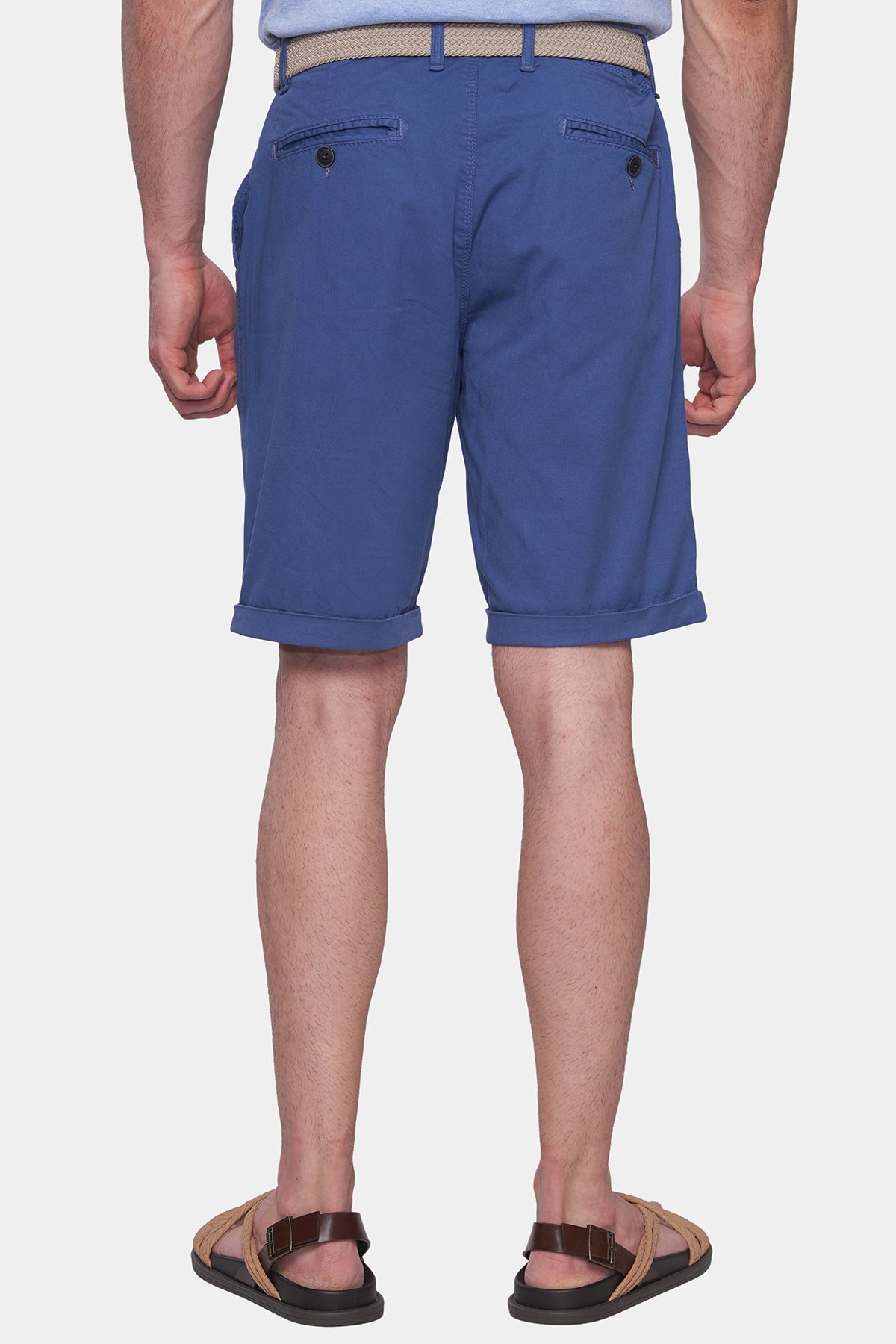 Blue knee-length shorts with belt loops and two back patch pockets.