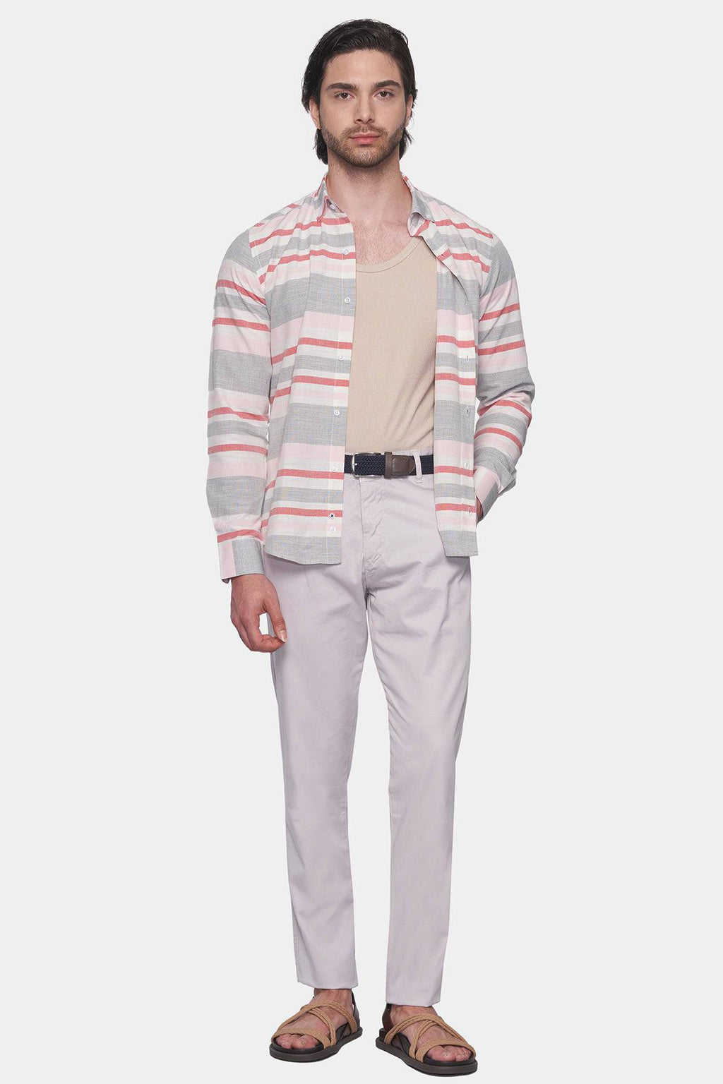 Light off-white chino pants, slim leg, button front and side pockets