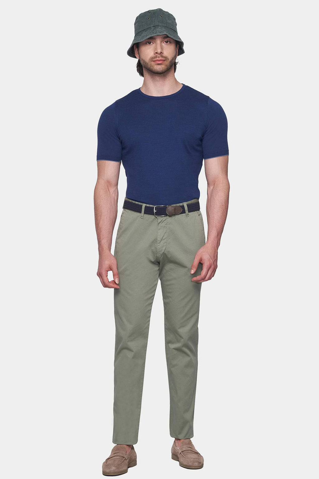 Olive chino pants with straight legs, dark belt, and front pockets