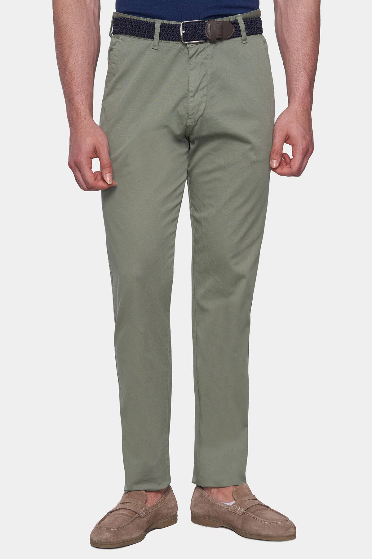 Olive chino pants with belt loops, zip fly and front pockets