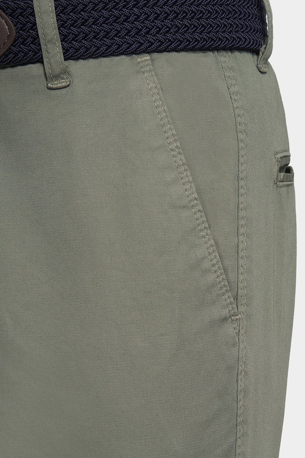 Olive chino waistband and belt loop detail with buttoned front fly