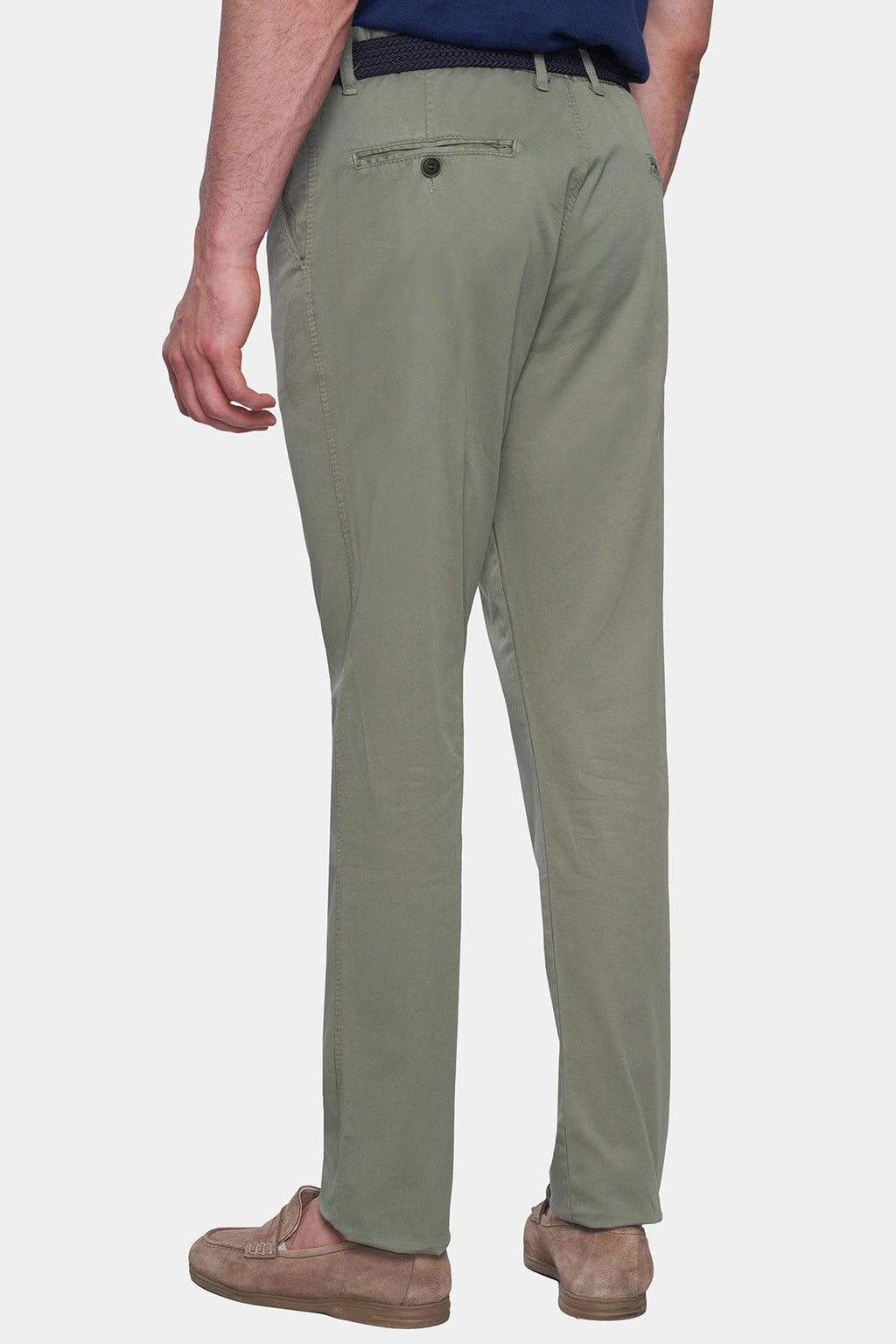 Olive chino pants side view with back yoke seam and rear pocket