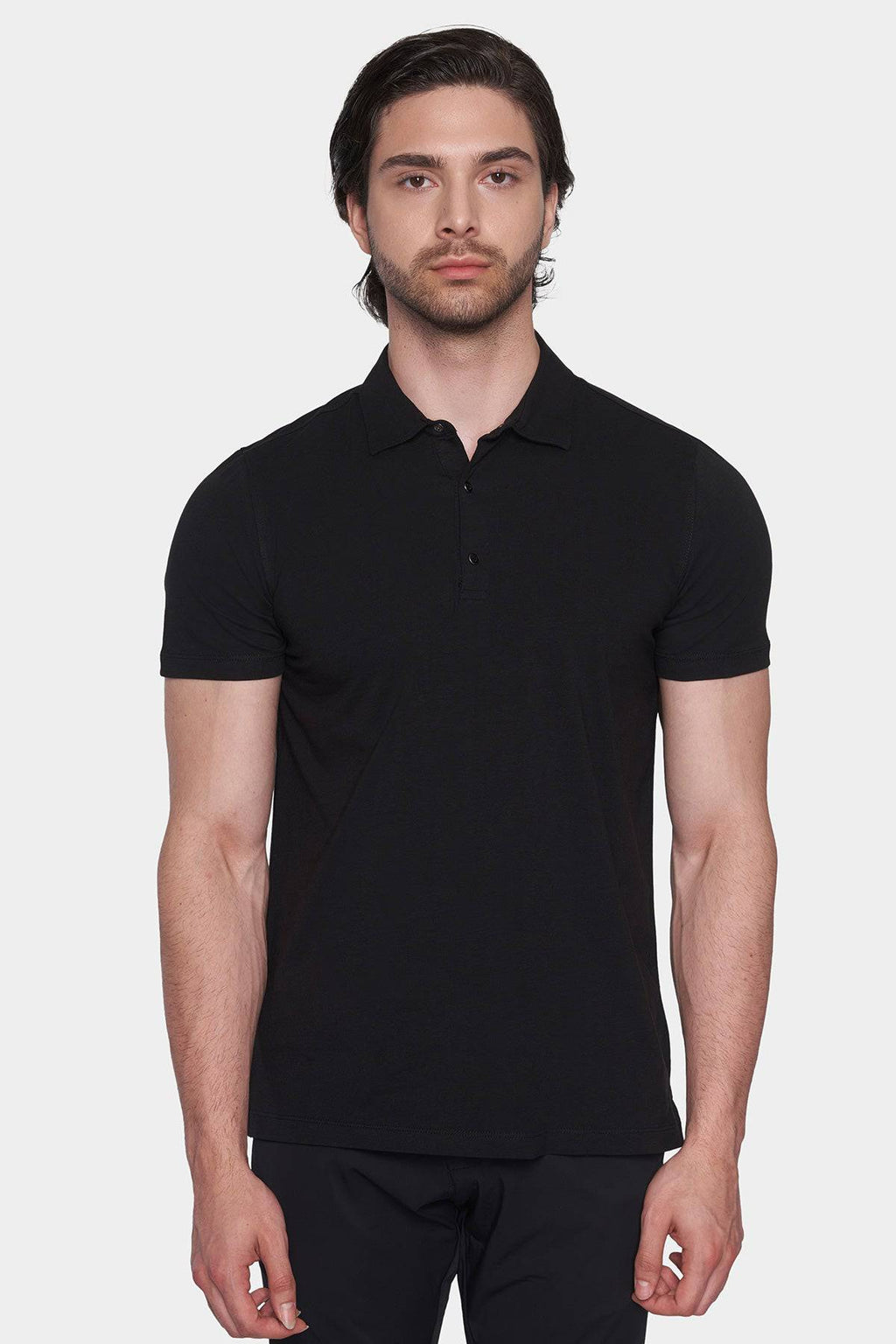 Black mercerized cotton polo shirt with short sleeves and buttoned collar