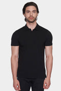 Black mercerized cotton polo shirt with short sleeves and buttoned collar