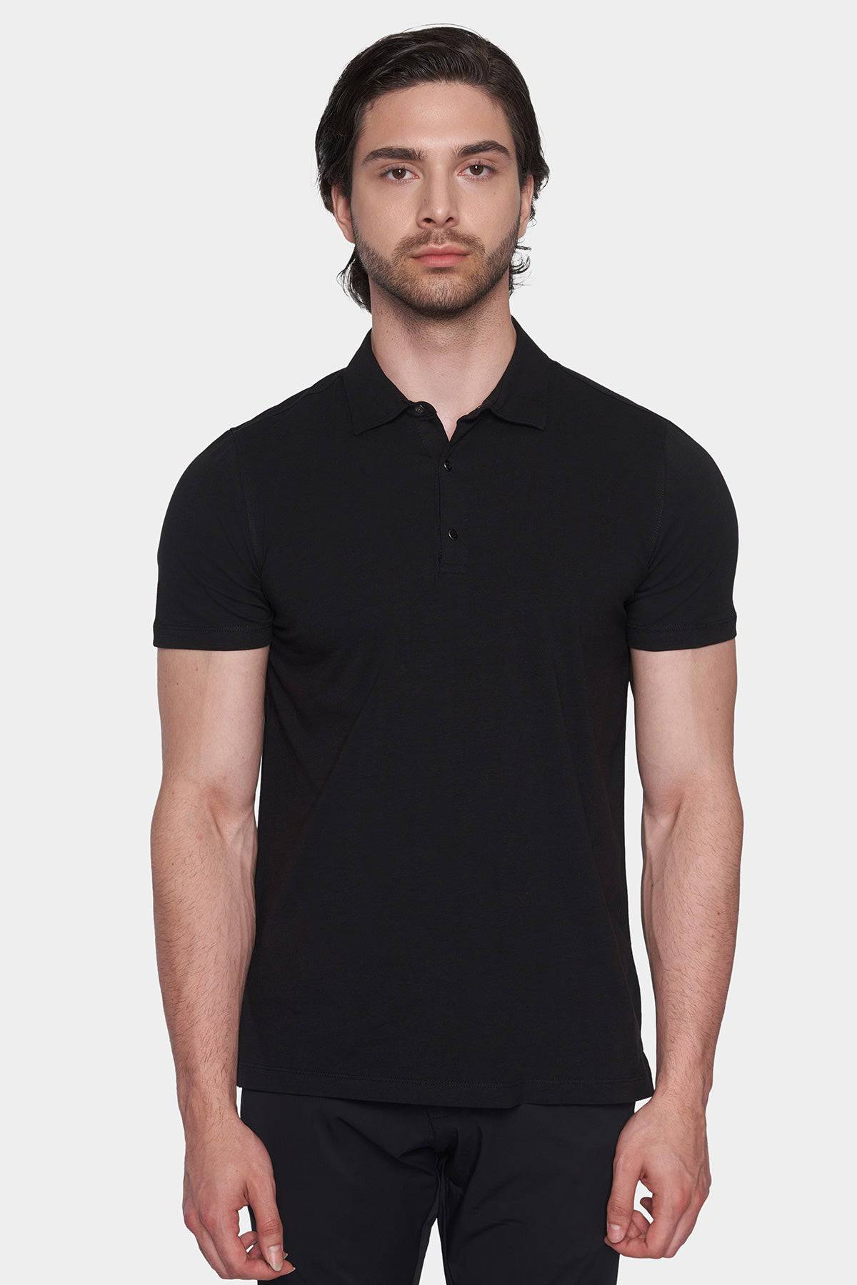 Black mercerized cotton polo shirt with short sleeves and buttoned collar