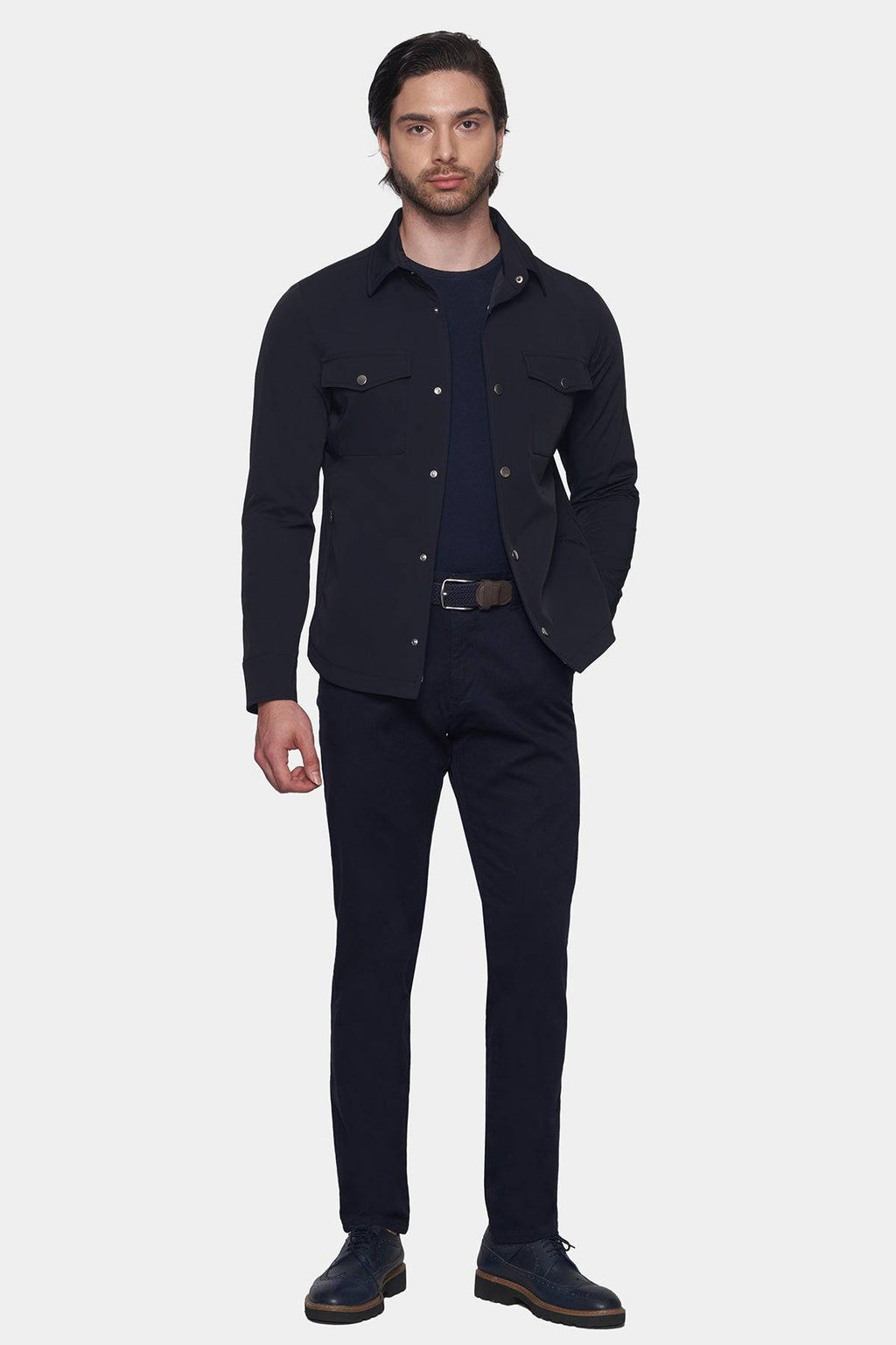 Navy straight chino pants with button closure and front pockets