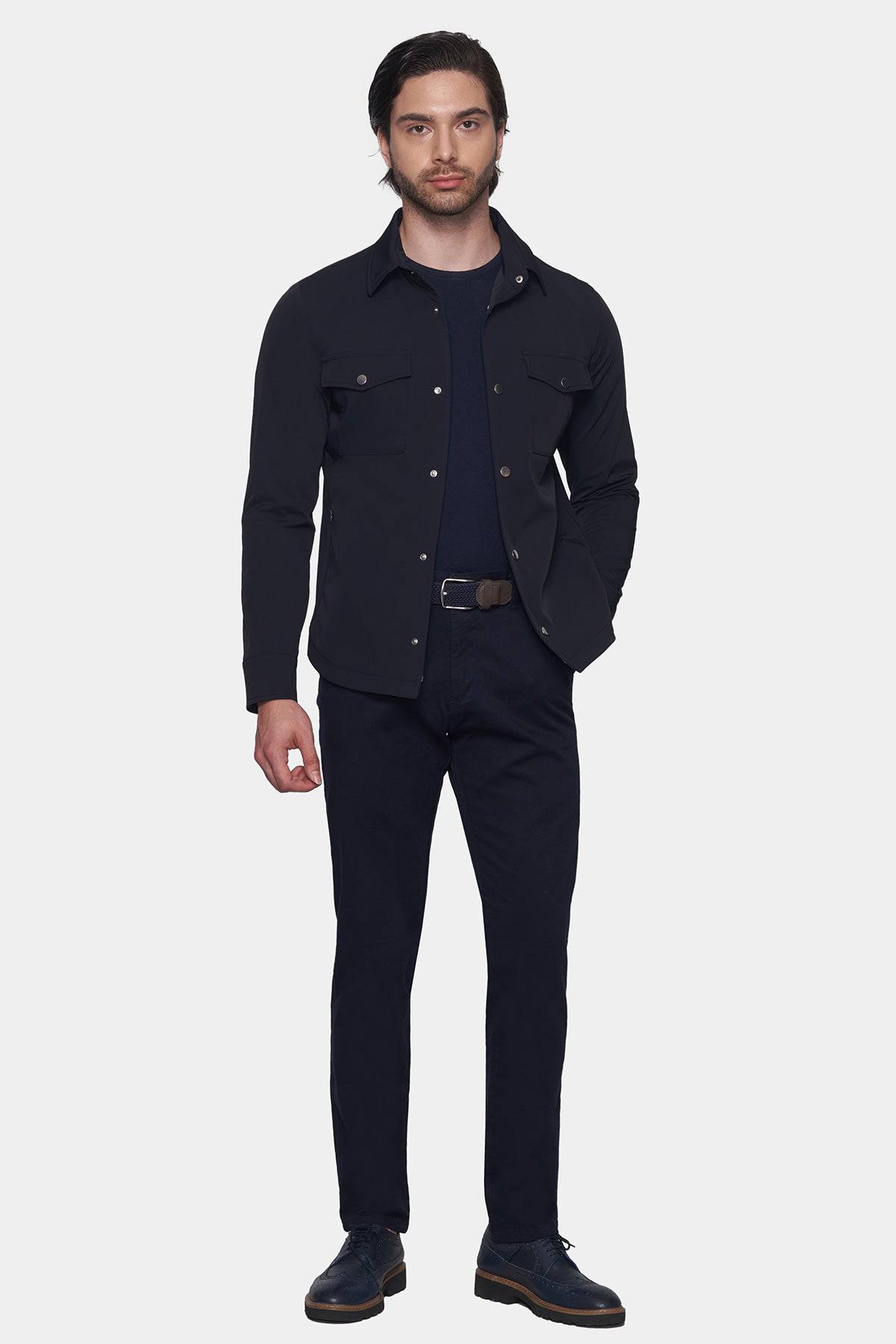 Navy straight chino pants with button closure and front pockets