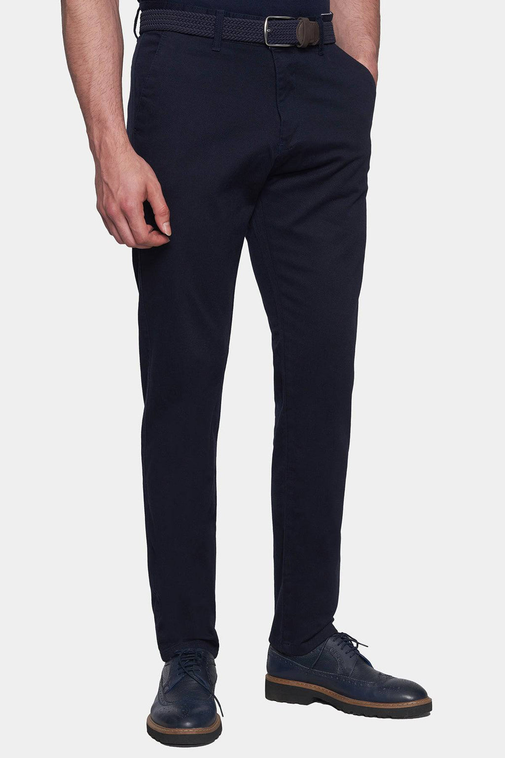 Navy chino pants with belt loops, zip fly, and straight legs