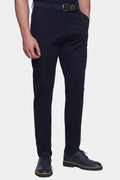 Navy chino pants with belt loops, zip fly, and straight legs