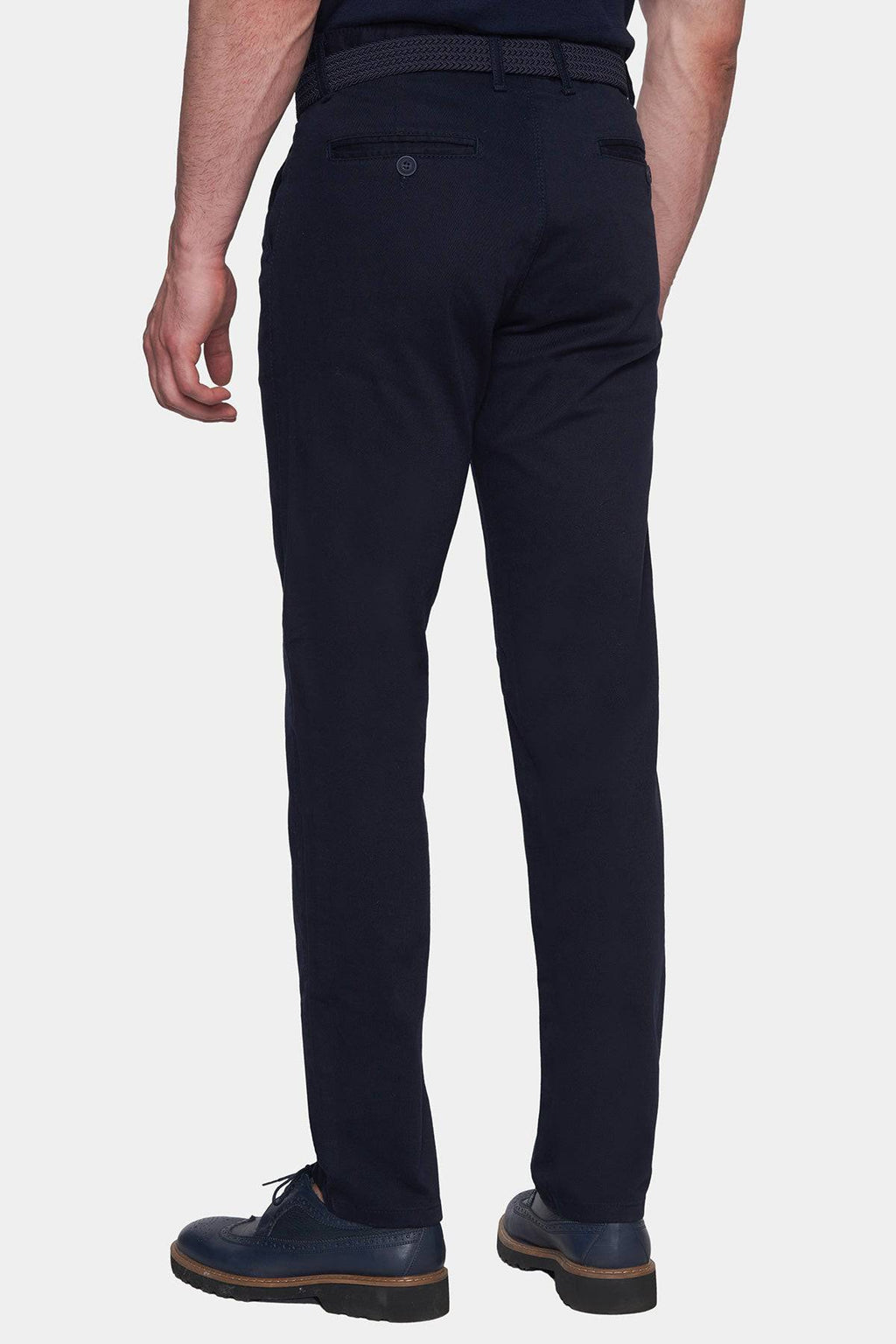 Navy chino pants with straight legs and buttoned front pockets