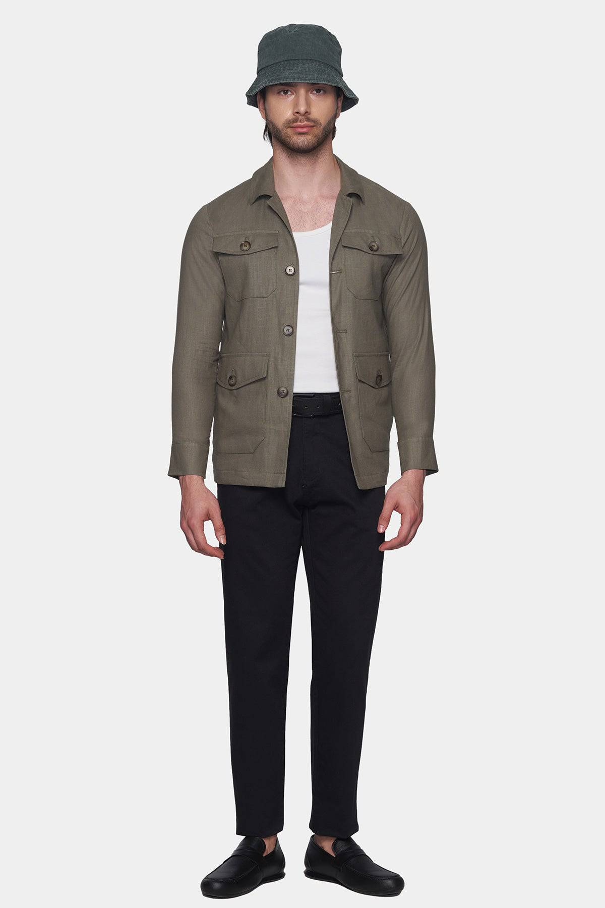Black chino pants with belt loops, straight leg design, and button closure