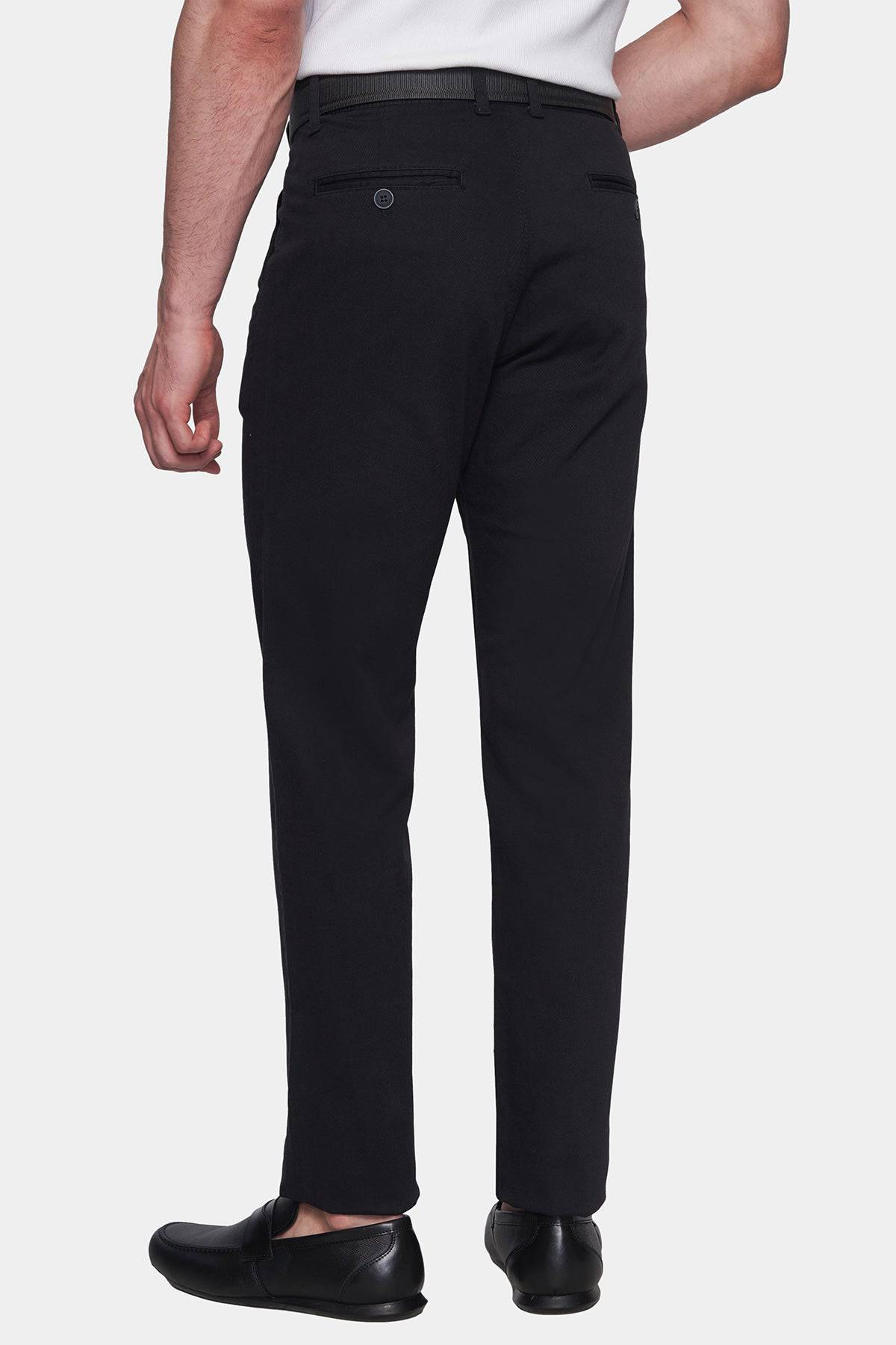 Black chino pants with button closure and clean straight-leg hem