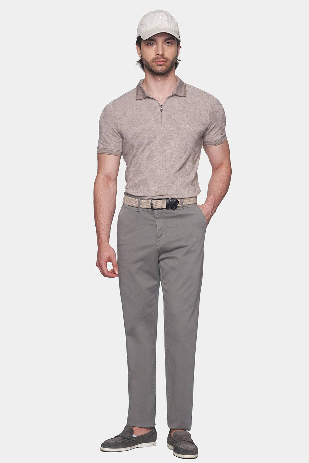 Men's graphite chino pants, zip fly, belt loops, straight leg