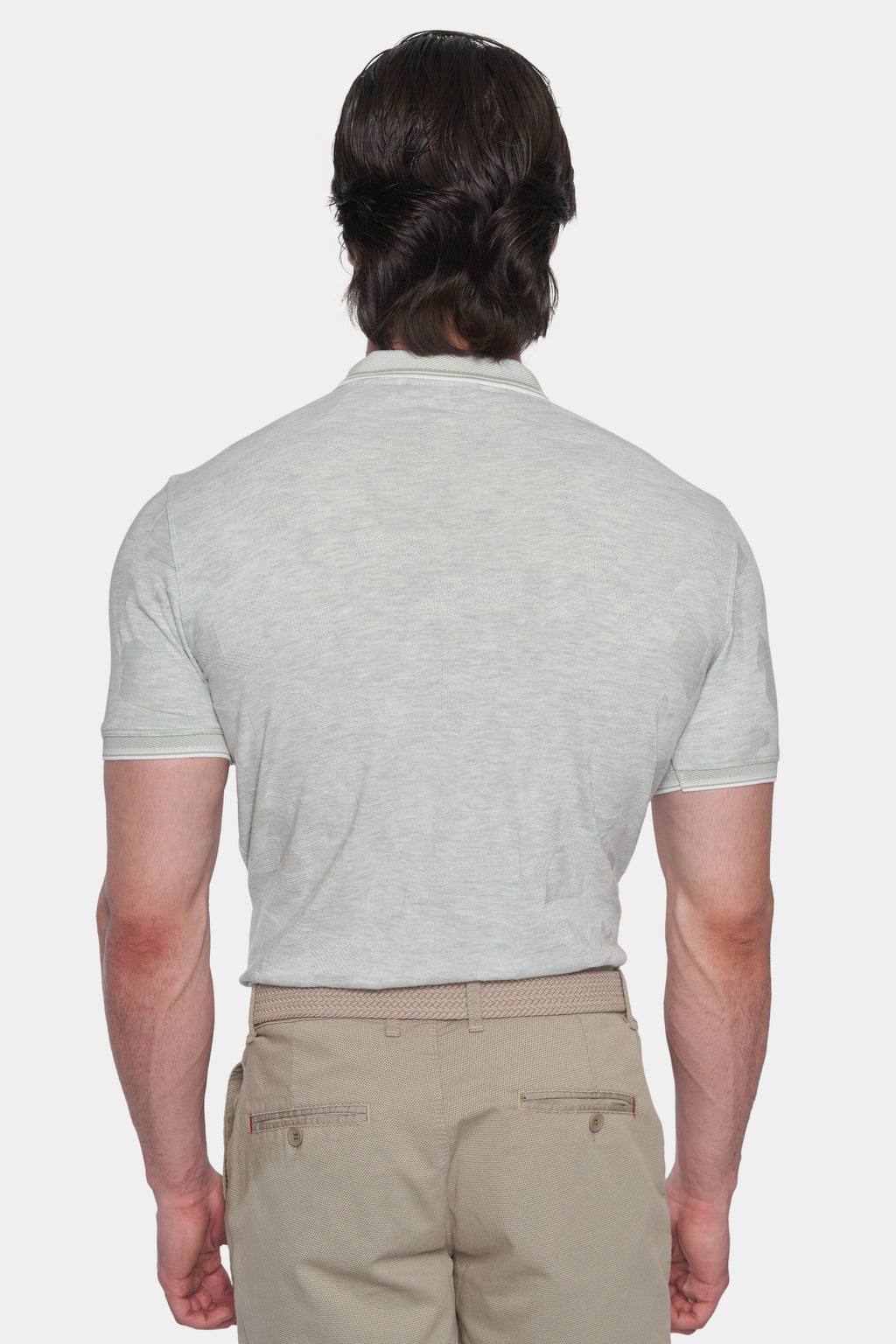 Light gray-green polo shirt back view with short sleeves and clean collar