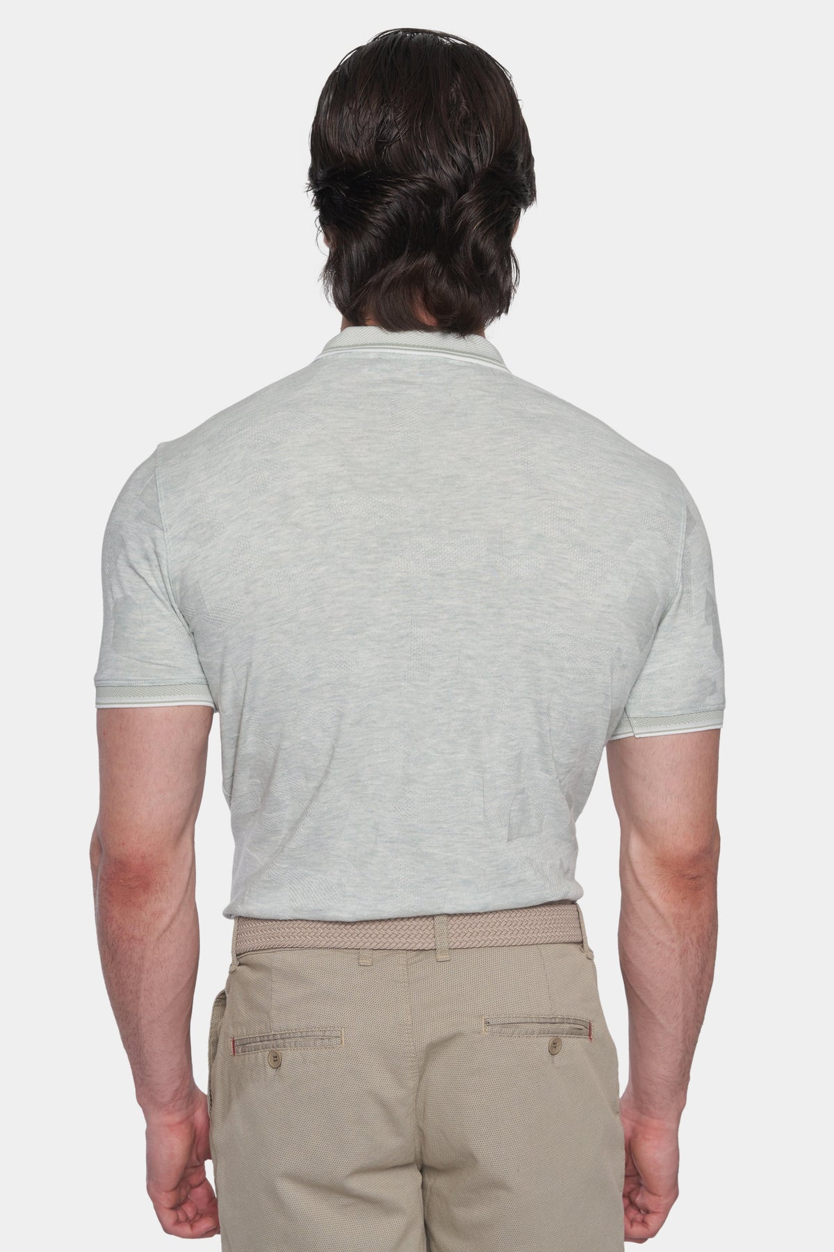 Light gray-green polo shirt back view with short sleeves and clean collar